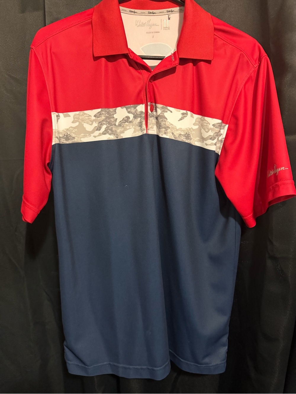 Walter Hagen Red and Navy Colorblock Polo with White Camo Accent